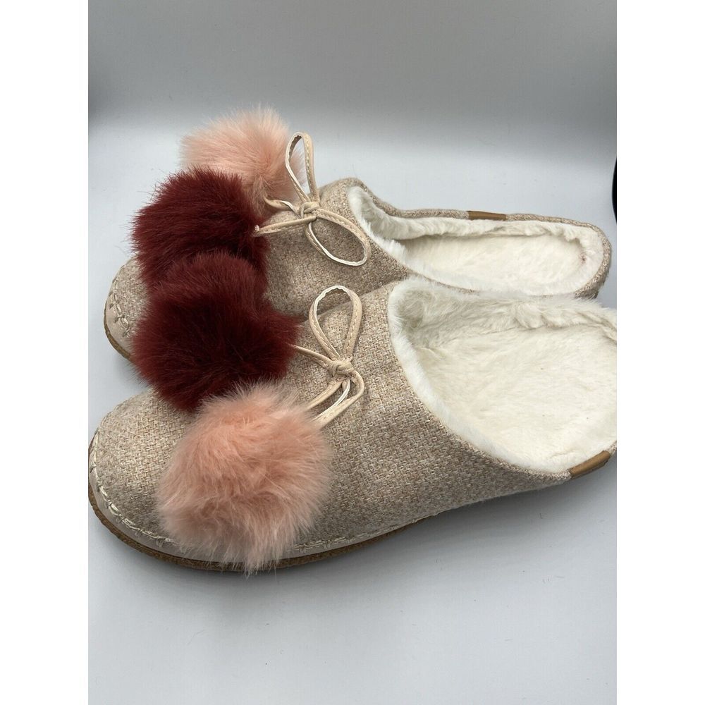 Toms Women's Slippers with Faux Fur Pom Poms - Cream and Pink - Picture 2 of 6